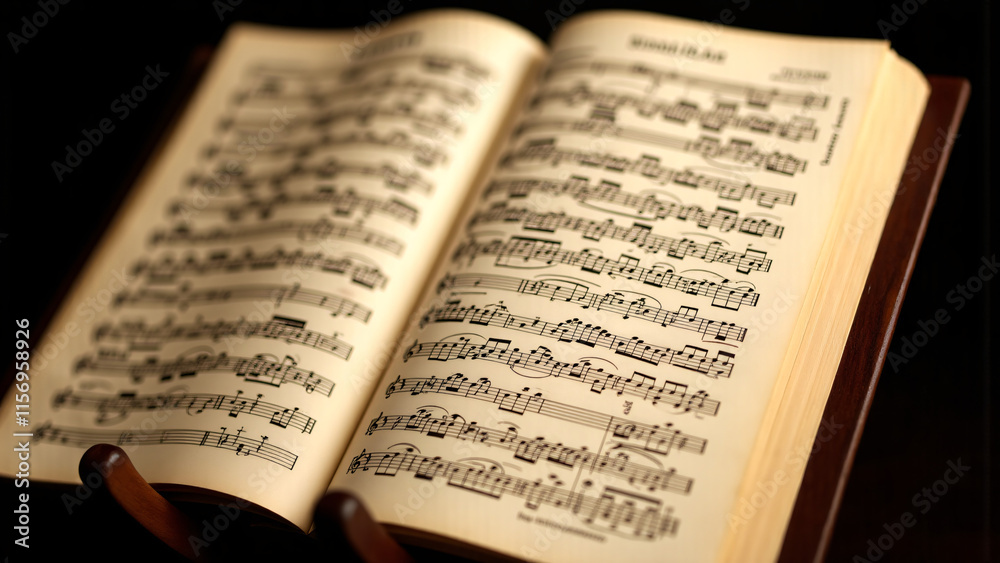 classical score elegantly displayed on a wooden stand with a violin beside it, embodying timeless beauty and complex orchestral artistry.