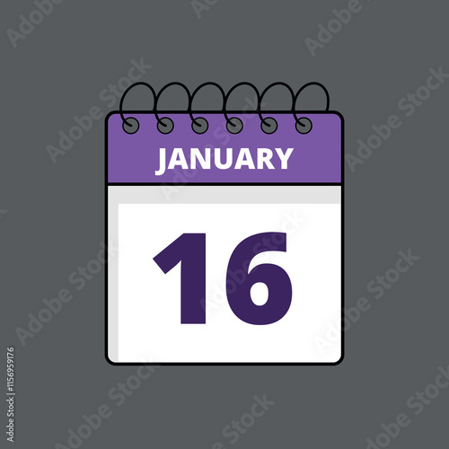 Purple and white calendar flat icon with specific day marking January 16st, calendar icon day 16.