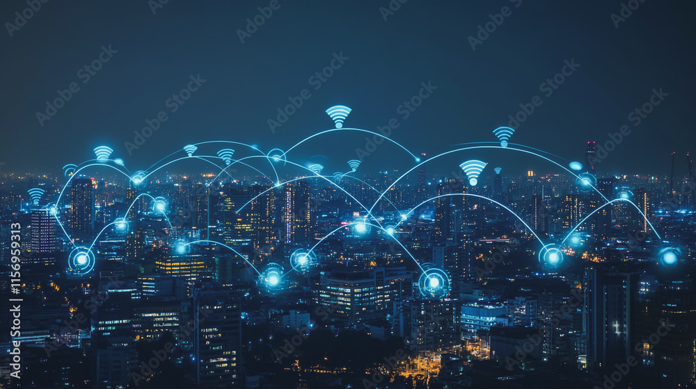 Fototapeta premium Smart digital Innovation city with connection network reciprocity over the cityscape. of future smart wireless digital city and social media networking systems that connects people with in city