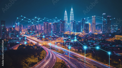 Smart digital Innovation city with connection network reciprocity over the cityscape. of future smart wireless digital city and social media networking systems that connects people with in city