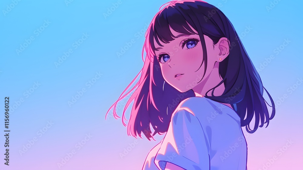 Anime-style girl walking against soft gradient background Anime-style girl walking against soft gradient background