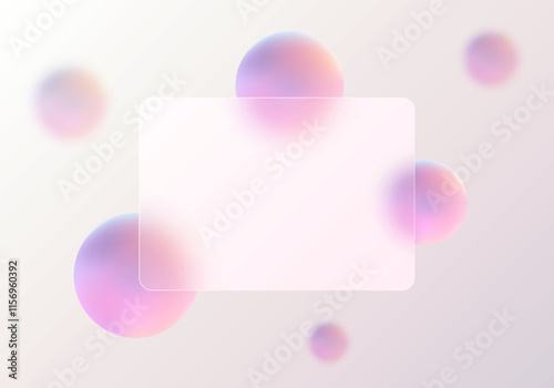 Glass morphism website landing page template. Translucent glass partition with floating spheres.