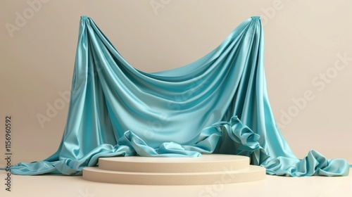 Elegant 3D display podium with aquamarine blue drapes for cosmetic product presentation in a luxurious setting