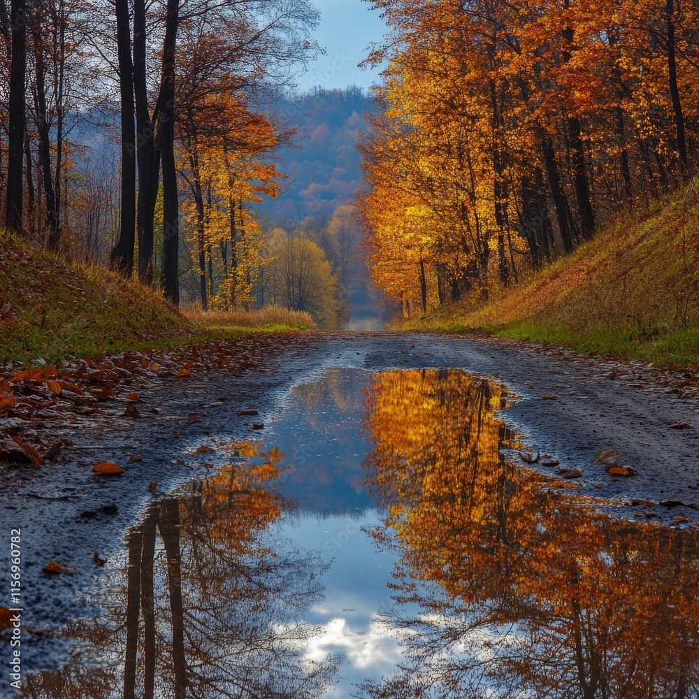 Autumn road reflection in Carpathian puddle Autumn road reflection in Carpathian puddle