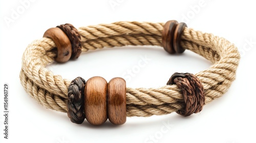 Stylish rope bracelet with wooden beads on white isolated background. photo