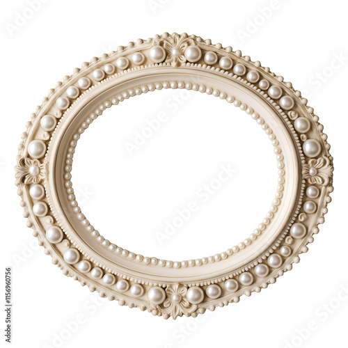 Elegant oval frame with pearl embellishments, Isolated on transparent background cut out