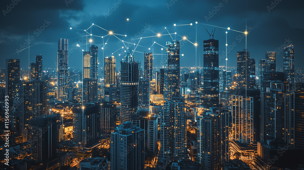 Naklejka premium Smart digital Innovation city with connection network reciprocity over the cityscape. of future smart wireless digital city and social media networking systems that connects people with in city