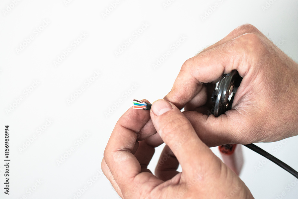 The man makes the connection to the network, crimps the wires, and carries out repair work. The man makes the connection to the network, crimps the wires, and carries out repair work.