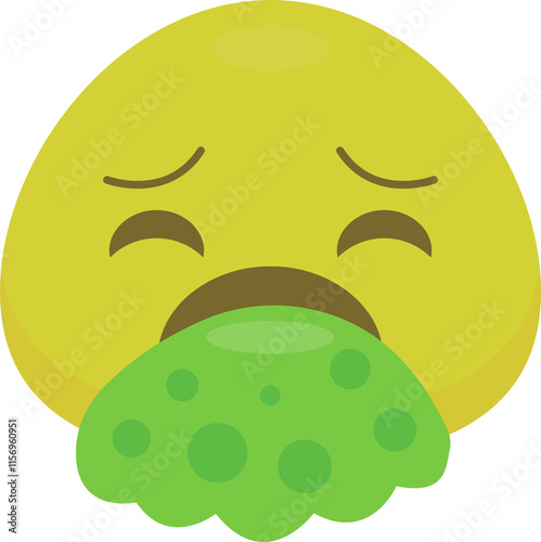 Yellow emoji face with closed eyes and raised eyebrows, appearing to be vomiting green liquid with bubbles. A creative representation of nausea or disgust in a simplified cartoon style.