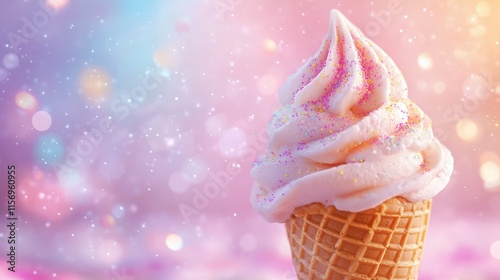 Pink soft serve ice cream cone with sprinkles on a bokeh background.