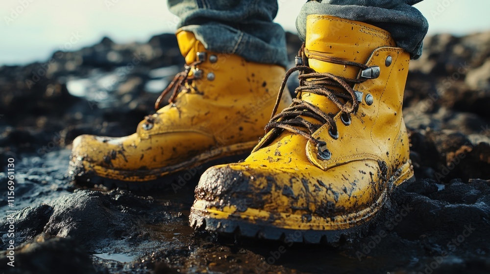 Bright Yellow Hiking Boots Covered in Mud on Rocky Terrain Bright Yellow Hiking Boots Covered in Mud on Rocky Terrain