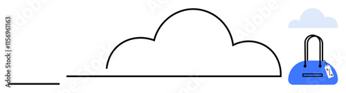 Minimalist design featuring a large cloud and a blue duffle bag. Ideal for travel concepts, packing, vacations, cloud storage, simplicity themes, modern design, minimalism. Line metaphor