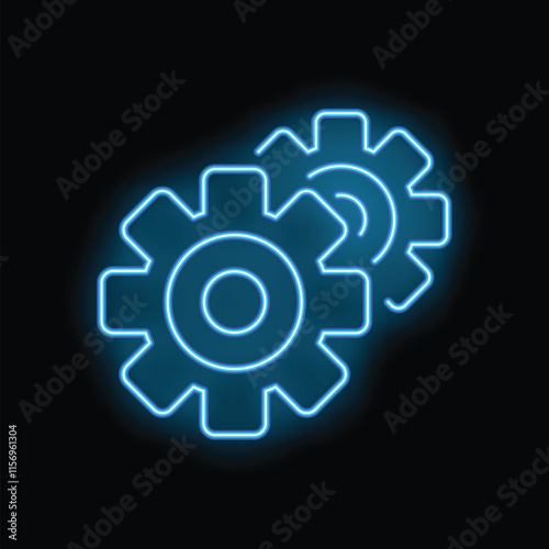 Two neon blue gears are rotating on a black background