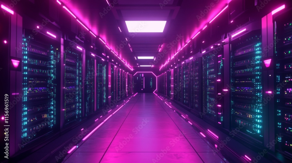 A futuristic data center featuring rows of servers A futuristic data center featuring rows of servers