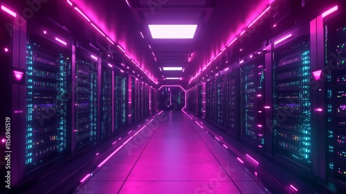 A futuristic data center featuring rows of servers