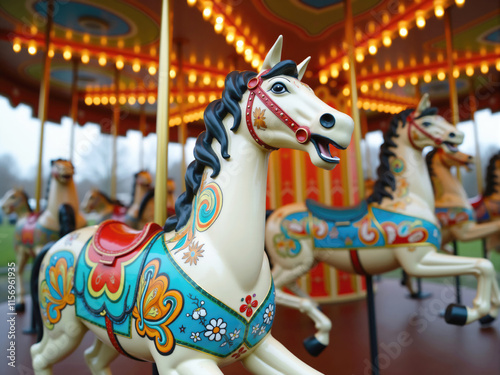 Colorful carousel horse standing out from the crowd photo