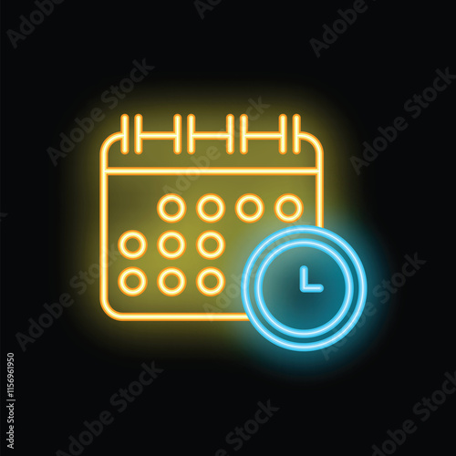 Neon icon of a calendar with a clock representing time management