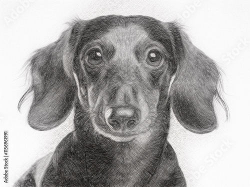 An AI-generated image of a Dachshund redrawn as a black-and-white pencil drawing photo