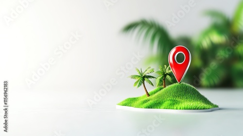 Small island with palm trees and a location pin on a white background. photo