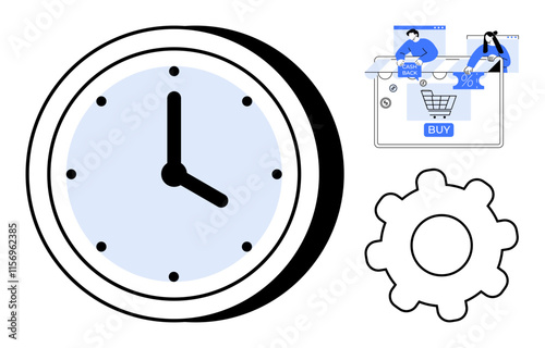 Clock representing time, shopping cart interface with users, and gear icon symbolizing settings. Ideal for time management, online shopping, efficiency improvements, business operations, ecommerce