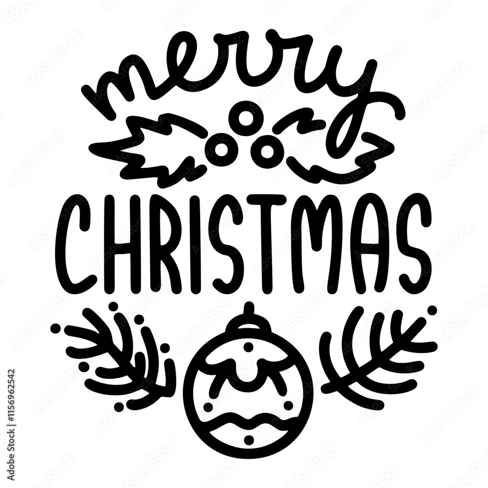 Elegant handwritten holiday message framed by minimalist holly and berries, created as a high-quality vector image. Merry Christmas