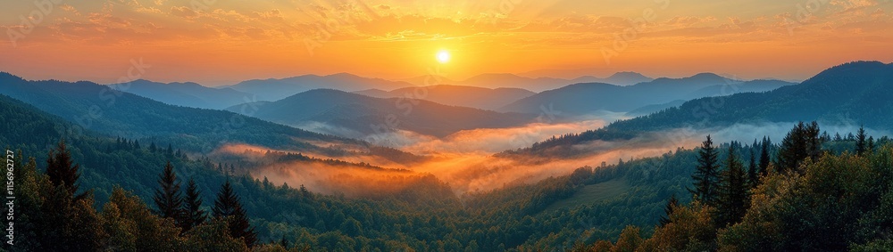 Obraz premium Golden Sunrise Over Misty Mountains: Serenity in Nature