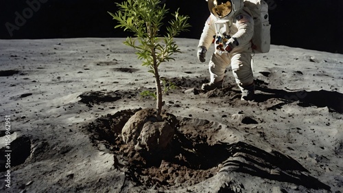 Lunar Plantation: An Astronaut Planting Trees On The Moon
