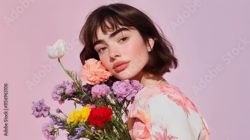 Beautiful Young Woman Holding Flowers on a Vibrant Background: Banner for International Women’s Day Celebrations