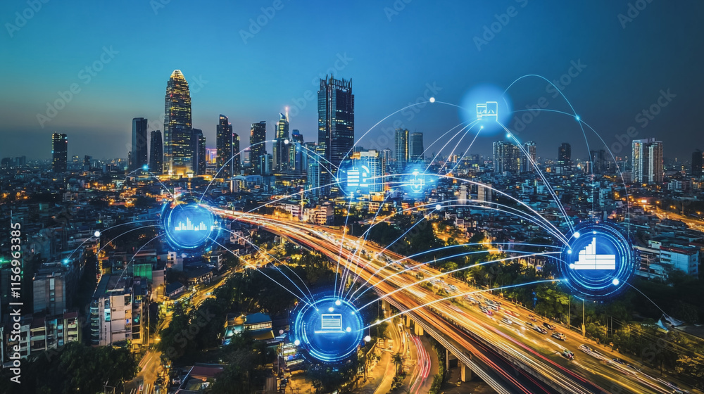 Fototapeta premium Smart digital Innovation city with connection network reciprocity over the cityscape. of future smart wireless digital city and social media networking systems that connects people with in city