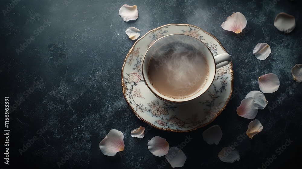 Warm tea on black background with floral patterns and pink rose petals Warm tea on black background with floral patterns and pink rose petals