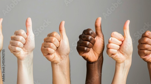 Close-up of several hands giving thumbs up, isolated on gray background with space for copy. A diverse group of people cheered and showed signs of approval, as is typical of those who support others.