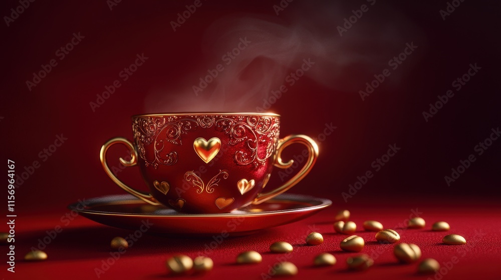 Fototapeta premium Luxurious red teacup setting evokes romance and comfort