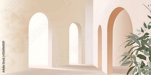 Minimalist interior with arched doorways, sunlight, and plant.
