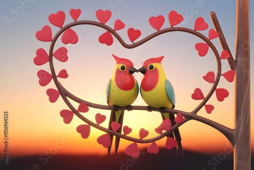 Colorful Cartoon Birds Perched on Heart-Shaped Branch, Romantic Sunset Scene. photo