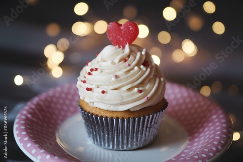 Cupcake with Red Heart Decoration on White Plate, Festive Atmosphere. photo