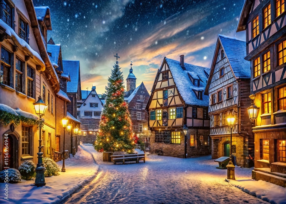 Fototapeta premium Magical Christmas Town at Night: Fairytale Winter Village Scene