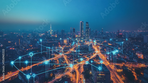 Wallpaper Mural Smart digital Innovation city with connection network reciprocity over the cityscape. of future smart wireless digital city and social media networking systems that connects people with in city Torontodigital.ca