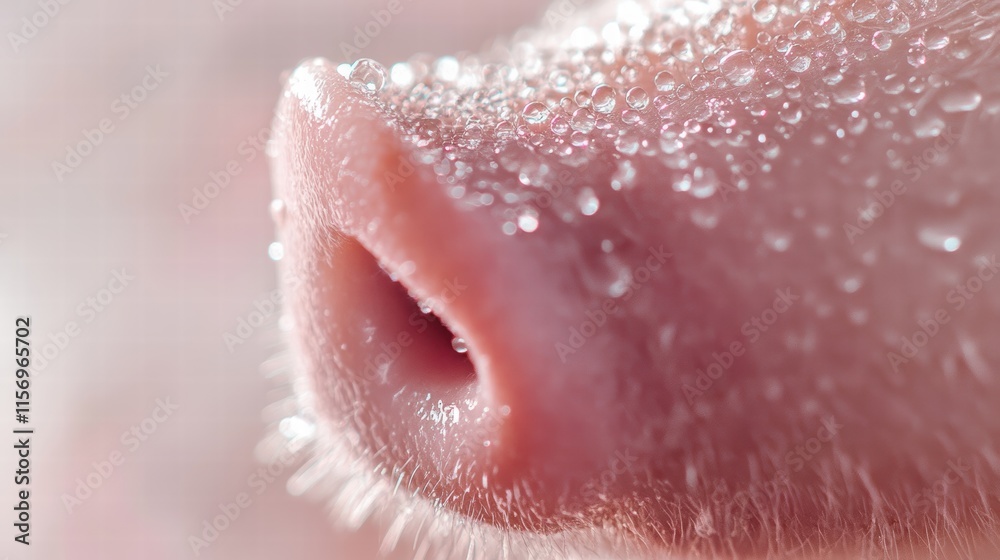 Fototapeta premium Close-Up of Pig Snout with Fresh Water Droplets on Pink Skin