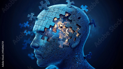 Abstract 3D head, puzzle pieces missing, revealing internal gears. Represents cognitive function, memory loss, brain damage, or mental health challenges.