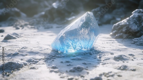 Glimmering Blue Ice Crystal on Snowy Terrain Under Bright Light