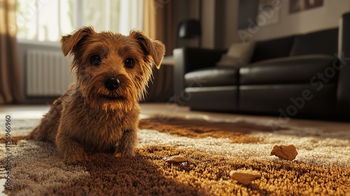 Muddy Dog Dirties Carpet and Living Room - Concept of Pet Cleanup

 photo