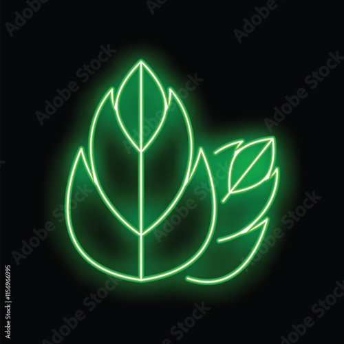 Neon green leaves are glowing on this black background, perfect for environmental themes photo