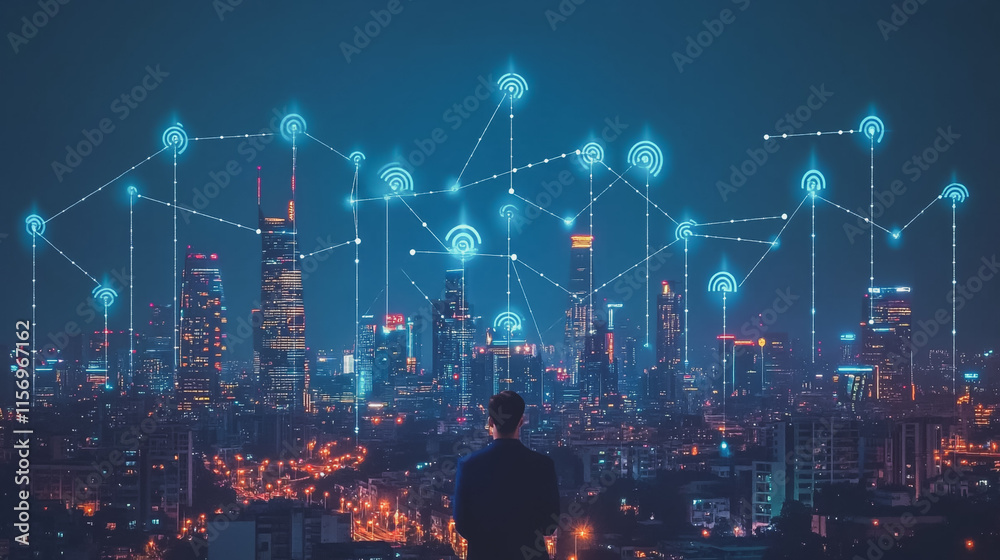 Fototapeta premium Smart digital Innovation city with connection network reciprocity over the cityscape. of future smart wireless digital city and social media networking systems that connects people with in city