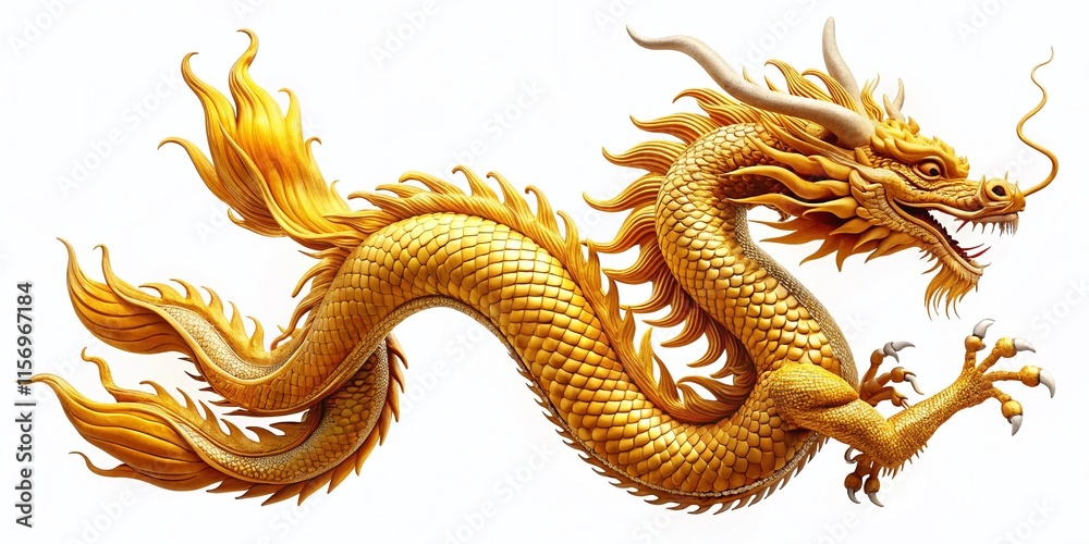 Majestic Golden Dragon, Chinese Mythical Creature, Isolated on White, Clipping Path Majestic Golden Dragon, Chinese Mythical Creature, Isolated on White, Clipping Path