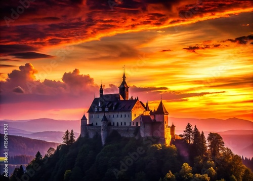 Majestic Mayerling Castle Silhouette at Sunset, Austria photo