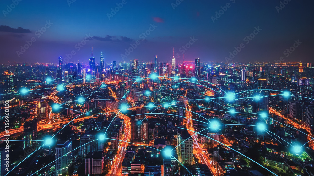 Fototapeta premium Smart digital Innovation city with connection network reciprocity over the cityscape. of future smart wireless digital city and social media networking systems that connects people with in city