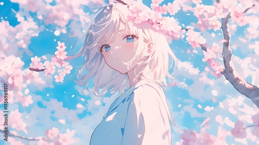 Anime character strolling under cherry blossoms, thoughtful expression Anime character strolling under cherry blossoms, thoughtful expression