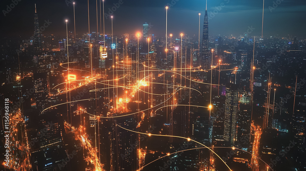 Fototapeta premium Smart digital Innovation city with connection network reciprocity over the cityscape. of future smart wireless digital city and social media networking systems that connects people with in city