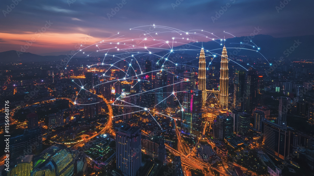 Fototapeta premium Smart digital Innovation city with connection network reciprocity over the cityscape. of future smart wireless digital city and social media networking systems that connects people with in city