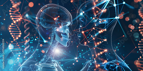 A glowing holographic visualization of human DNA strands and skeleton structure, symbolizing advanced science and technology.